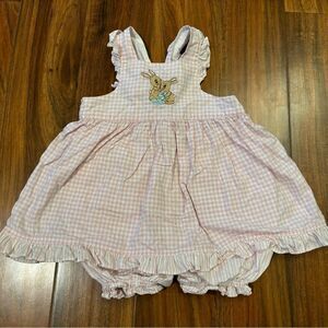 Miniwear vintage embroidered bunny rabbit pink plaid dress romper